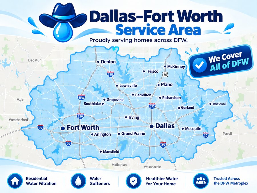 Map of the Dallas-Fort Worth service area covered by Water Cowboys, spanning all 10 counties