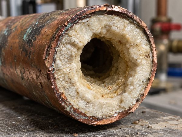 Copper pipe cut open showing thick mineral scale narrowing the interior