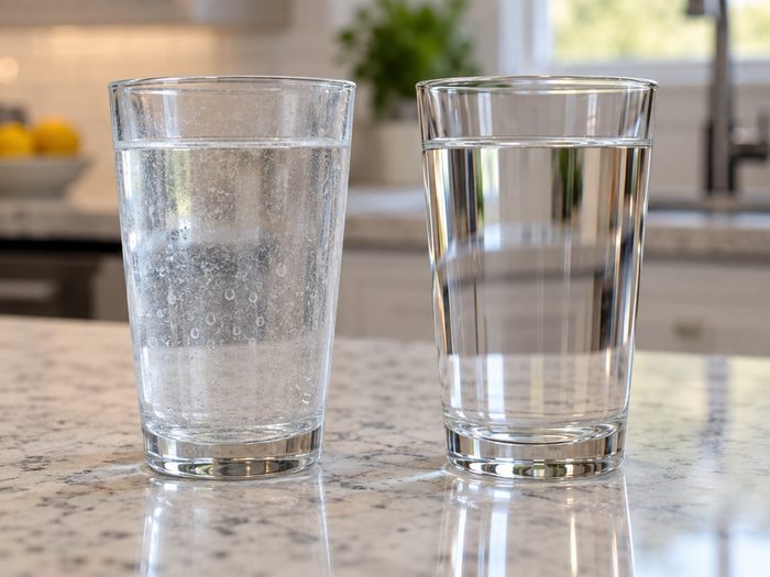 Before and after glass of water comparison showing hard water residue versus clear soft water
