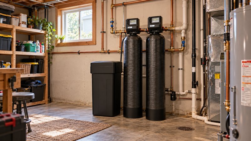 Whole-home water softener and carbon filtration system installed in a DFW home utility room